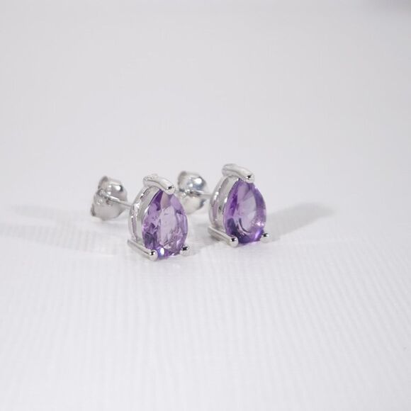 Amethyst Pear 5x7 Earrings Sterling Silver - Picture 3 of 6